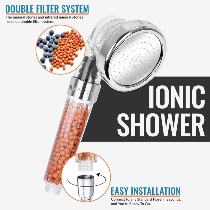 ROYALTEC Pommeau de douche anti-calcaire, douche spa haute pression 2 en 1 eco, 3 modes et un jeu de pierres de rechange de rechange.