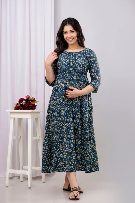 Henal Cotton Navy Blue Leaf Print Maternity Dress – Comfortable Maxi for Pregnancy & Nursing