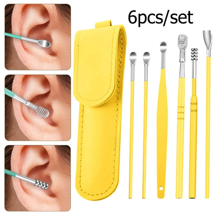 6Pcs/set Stainless Steel Spiral Ear Pick Spoon Ear Wax Removal Cleaner Ear Tool Multi-Function Portable with Storage Holster