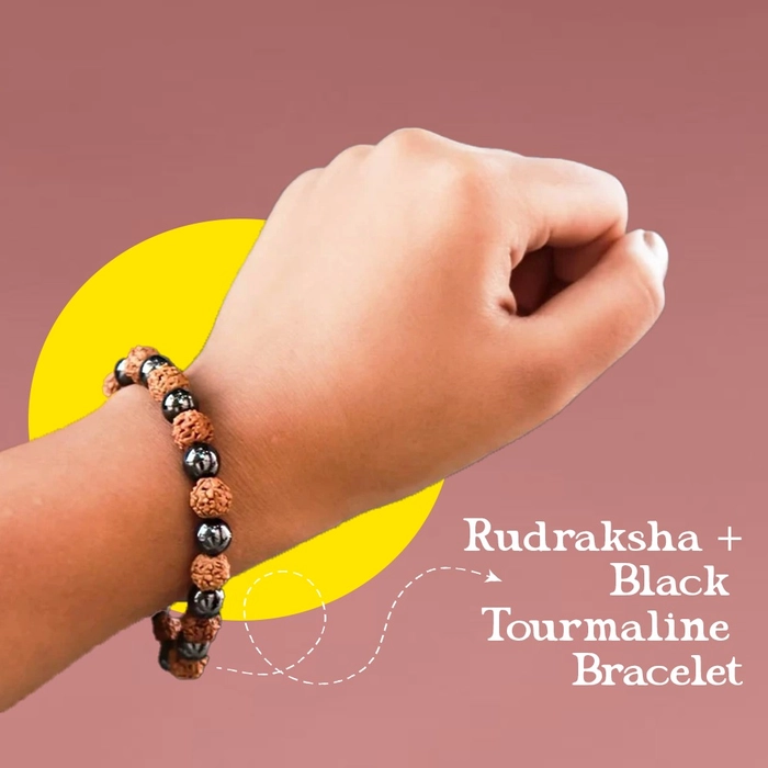 Rudraksha + Black Tourmaline Bracelet 5-mukhi Rudraksha (certified) + 8mm Tourmaline beads.