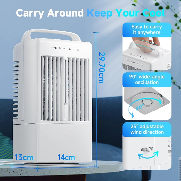 Climatiseur Mobile Rafraîchisseur d'air Portable 4 en 1,Mini Climatiseur Portable Silencieux avec 90° Oscillation,Modes de Brume,3 Vitesses, Minuterie de 4H,Réservoir 900ml pour Chambre Bureau Cuisine
