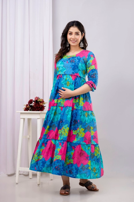 Henal Blue Multicolor Floral Cotton Maternity Dress – Bold & Breezy Pregnancy Maxi