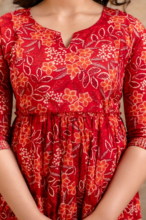 Henal Crimson Garden Maternity Dress – Red Floral Cotton Tiered Kurti Gown