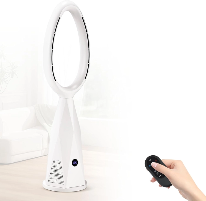 Moongiantgo 46" Ventilateur tour sans pales & chauffage avec télécommande et filtre HEPA - 10 vitesses, oscillation 80°, mode nuit, protection anti-bascule, pour pièce/maison/bureau (blanc)