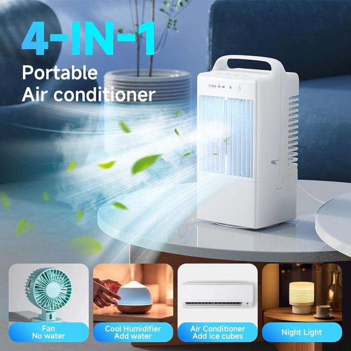 Climatiseur Mobile Rafraîchisseur d'air Portable 4 en 1,Mini Climatiseur Portable Silencieux avec 90° Oscillation,Modes de Brume,3 Vitesses, Minuterie de 4H,Réservoir 900ml pour Chambre Bureau Cuisine