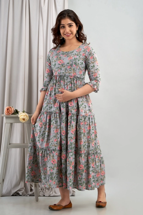 Grey Floral Printed Cotton Maternity Dress – Tiered Gown with 3/4 Ruffle Sleeves