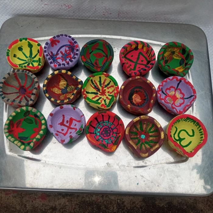 Handpainted Clay Diyas, Mitti ke diye, Traditional Decorative Oil Lamps, Multicolour, Pack of 15