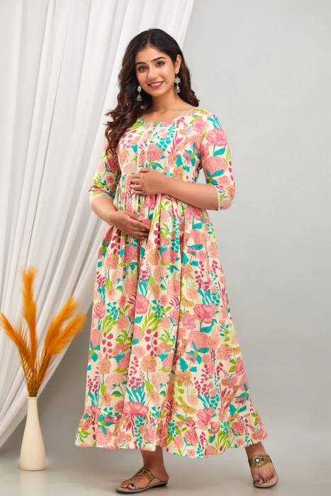 Floral Printed Cotton Maternity Dress for Women with Front Button Detailing