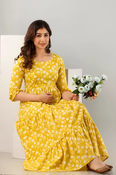 Yellow Floral Cotton Maternity Dress – Tiered Anarkali with 3/4 Sleeves