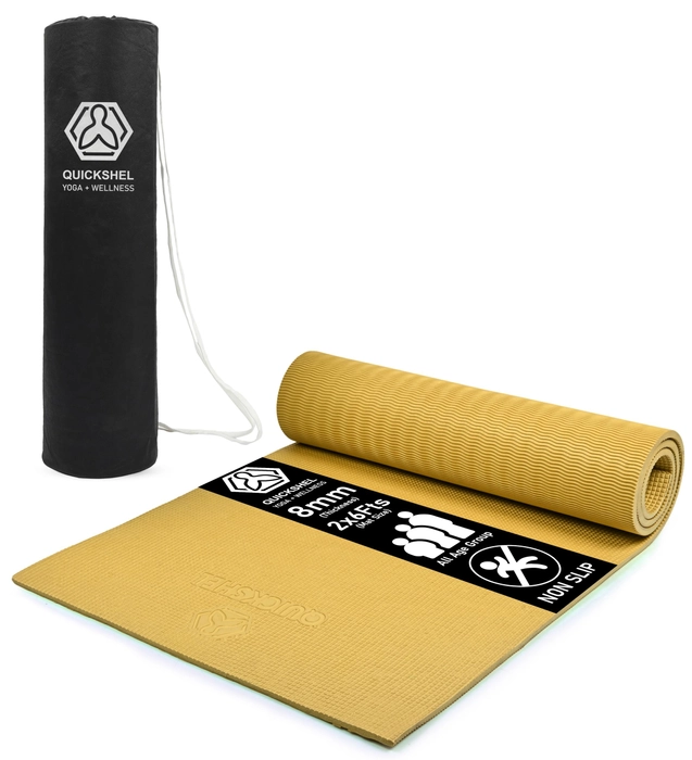 Quick Shel Extra Thick 8mm Thickness Yoga mats Exercise Mat Anti-Skid Water/Dirt Proof Lightweight easy to Carry for home and gym workouts for men women with Carry Bag (Color - Tan) (2fts x 6fts)