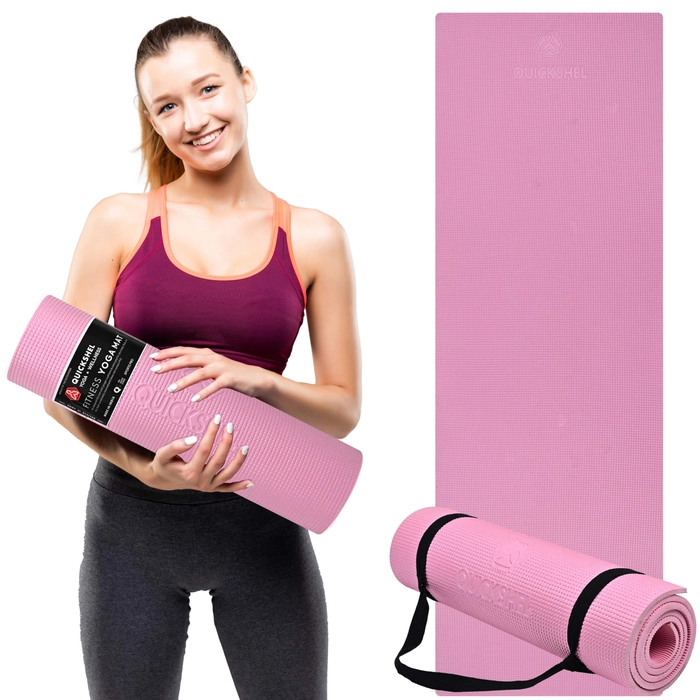 Quick Shel Extra Thick 10mm Thickness Yoga mats Exercise Mat Anti-Skid Water/Dirt Proof Lightweight easy to Carry for home and gym workouts for men women children with Carry Strap (Pink) (2fts x 6fts)