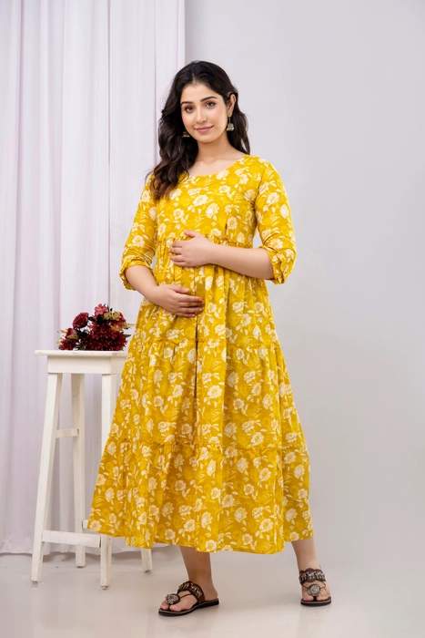Yellow Floral Cotton Maternity Dress – Tiered Anarkali with 3/4 Sleeves