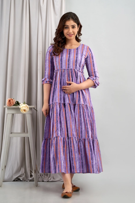 Purple Striped Cotton Maternity Dress for Women – Tiered Flare with 3/4 Ruffle Sleeves