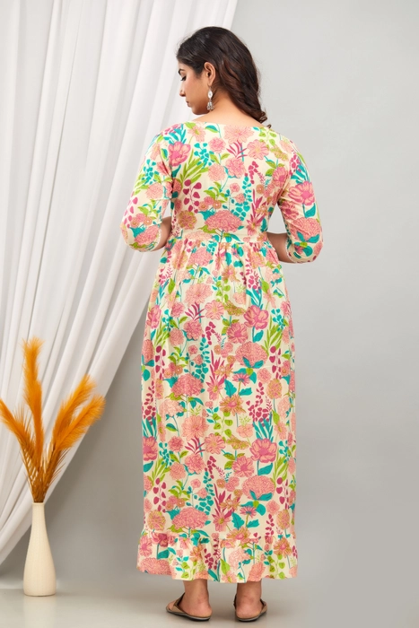 Floral Printed Cotton Maternity Dress for Women with Front Button Detailing