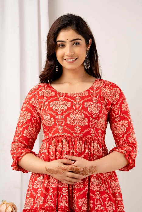 Red Ethnic Printed Cotton Maternity Dress – Anarkali Style with 3/4 Sleeves