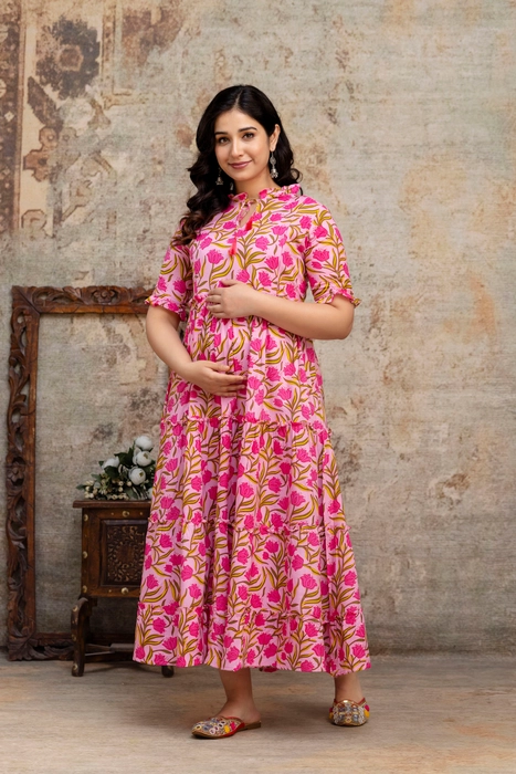Henal Pink Bloom Floral Cotton Maternity Dress – Soft, Stylish & Bump-Friendly