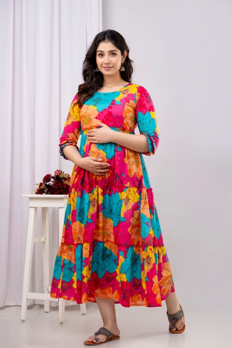 Henal Floral Maternity Dress – Vibrant Multicolor Maxi for Pregnancy & Nursing Comfort