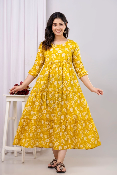 Yellow Floral Cotton Maternity Dress – Tiered Anarkali with 3/4 Sleeves