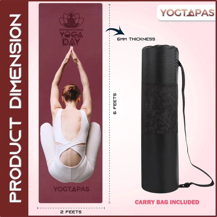 YOGTAPAS 6MM Thick | International Yoga Day Yoga Mat with Bag For Women and Men | Anti-Skid Exercise Printed Mat Extra Long & Wide (Color - Wine)(Mat Size - 2fts x 6fts)