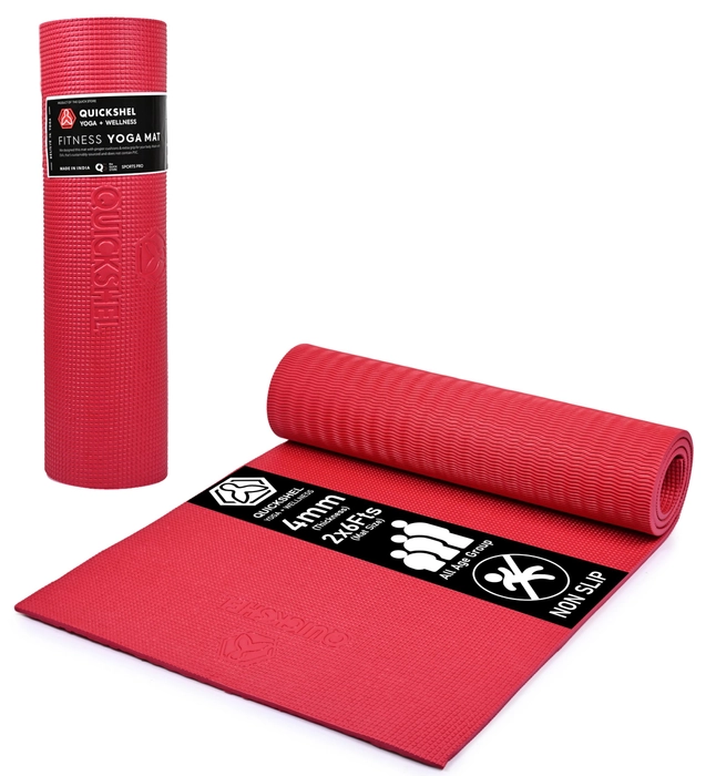 QUICK SHEL Yoga Mat - 4mm Thick, Anti-Skid, Water/Dirt Proof, Lightweight Exercise Mat for Men, Women & Kids | Textured Surface | Color - Green | Material - EVA | 2x6ft Size (Red)