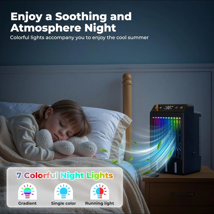 Climatiseur Mobile avec Ecran, 1000 ml Refroidisseur D'air, 4-EN-1 Ventilateur Humidificateur Mini Clim avec Double Pulvérisation et Lumière, 4 Vitesses de Synchronisation Climatiseurs Portables