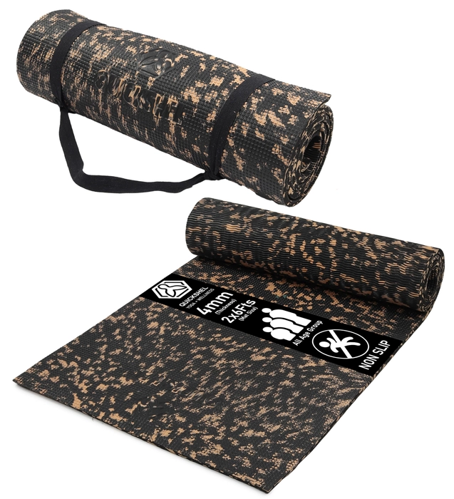 QUICKSHEL (EVA + TPE) 4MM Premium Marble Design Yoga Mat for women men Anti-Skid Lightweight Easy to Carry, hold & Fold with Carry Strap (Proudly Made in India) (2Fts x 6Fts) (Color-Black & Golden)