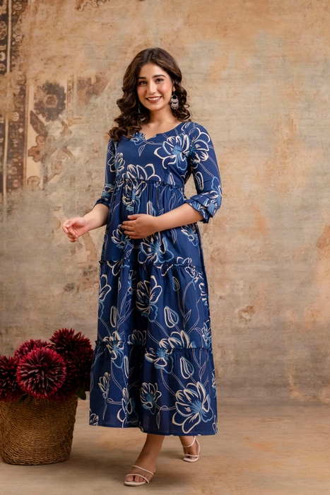 Henal Maternity Floral Printed Maxi Dress – Navy Blue