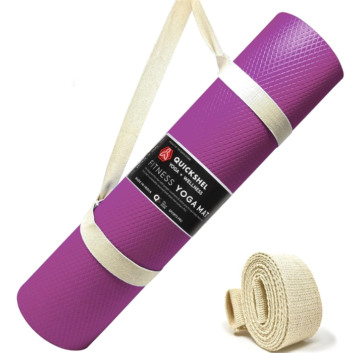 Quick Shel Yoga mats Exercise Mat Anti-Skid Water/Dirt Proof Lightweight easy to Carry gym workouts for men women children with Carry Strap (2Fts x 6Fts) (4mm Thickness) (Purple)