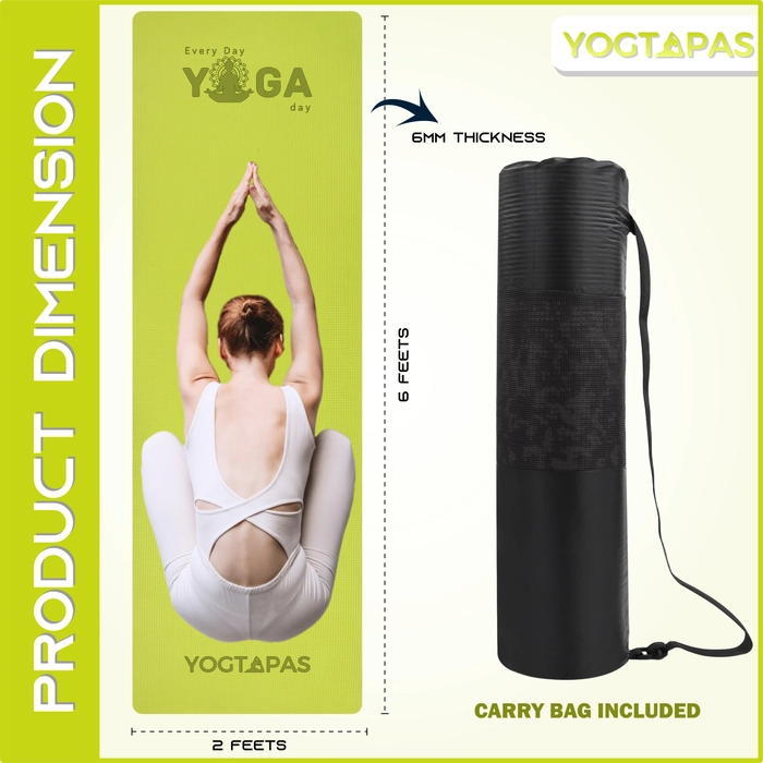 YOGTAPAS Everyday Yoga Day 6MM Thick | Yoga Mat with Bag For Women and Men | Anti-Skid Exercise Printed Mat Extra Long & Wide (Color - Green)(Mat Size - 2fts x 6fts)