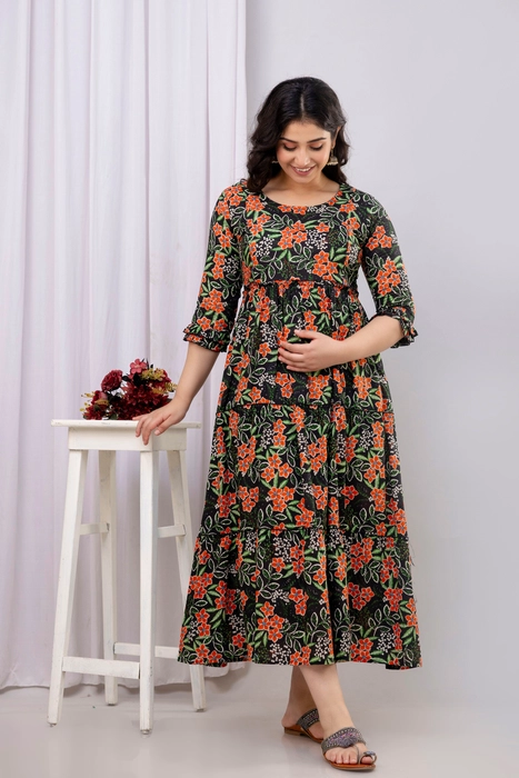 Henal Dark Green Floral Maternity Dress – Pure Cotton Comfort for Moms-to-Be