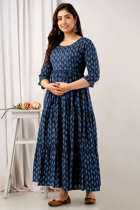Navy Blue Handblock Printed Cotton Maternity Dress – Tiered Anarkali with 3/4 Sleeves