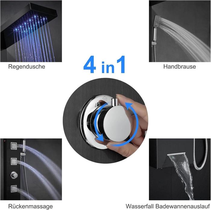 Panneau de douche LED sans robinet, panneau de douche 4 fonctions avec douche à effet pluie LED, 3 buses de massage, douchette à main et bec de baignoire, colonne de douche en acier