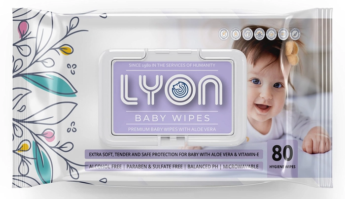 lyon baby wet wipes with lid enriched with aloe vera and vit e (80 wipes per pack)