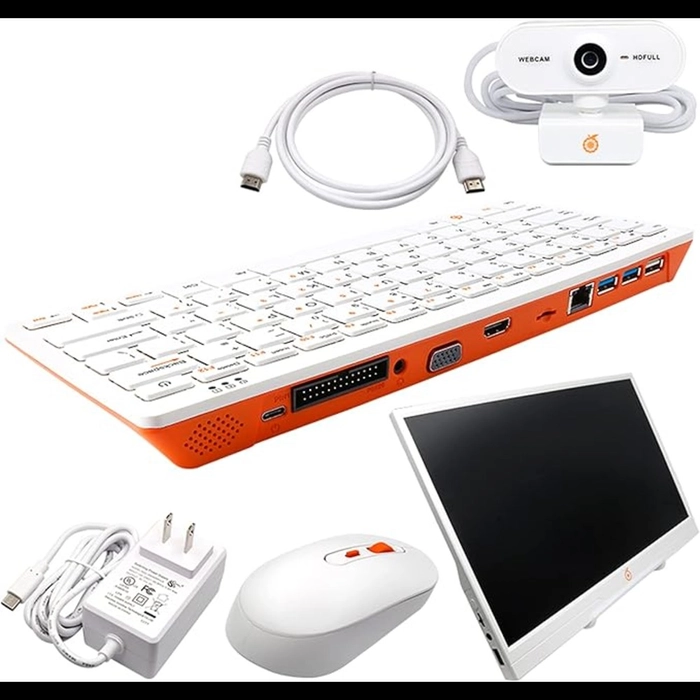 Orange Pi 800 Kit (Orange Pi 800 4GB RAM 64 GB EMMC+5V4A Type-C Power Supply +Wireless Mouse +HDMI Cable +HD Camera+14 Inch Monitor, Portable Mini PC Gaming Keyboard Kit)