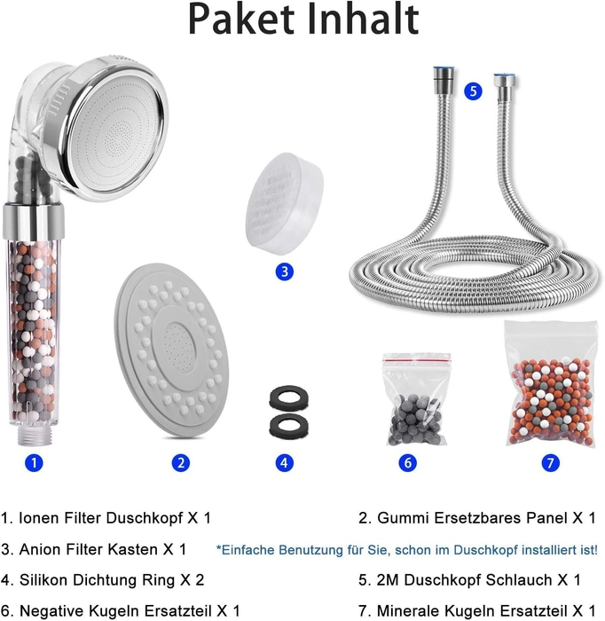 Pommeau de Douche, Magichome Pommeau Douche Anti Calcaire avec Tuyau Économiseur d'Eau Haute Pression Filtre à Système de Filtrage Ionique (3 Filtration...