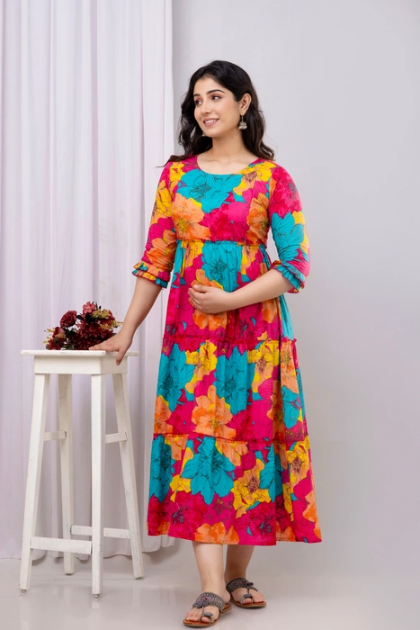 Henal Floral Maternity Dress – Vibrant Multicolor Maxi for Pregnancy & Nursing Comfort