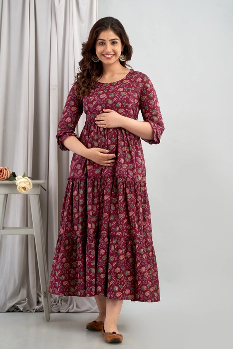 Burgundy Floral Cotton Maternity Dress for Women – Tiered Fit with 3/4 Sleeves