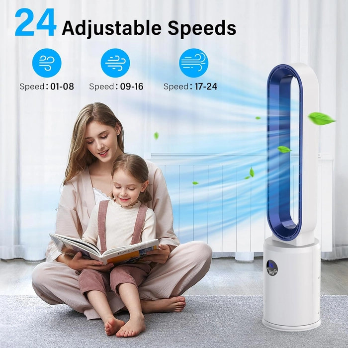 YAZEKY Ventilateur Colonne Sans Pale,24 Vitesses Ventilateur Tour Silencieux,Ventilateur de Sol Oscillant à 60,Écran LED,Minuterie De 12 Heures, Ventilateur Sur Pied Pour Chambre à Coucher (bleu)