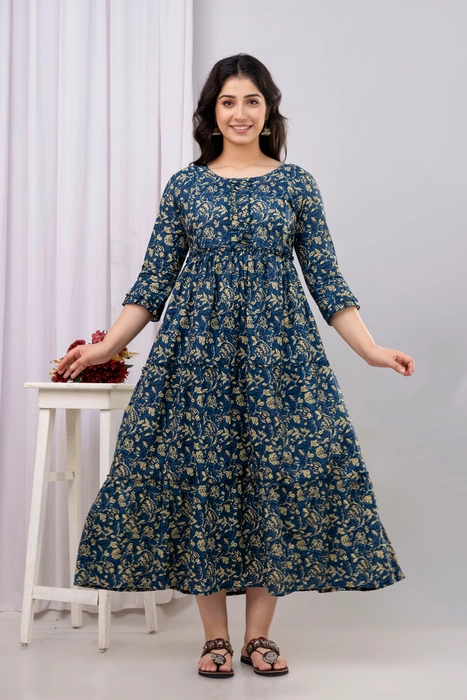 Henal Cotton Navy Blue Leaf Print Maternity Dress – Comfortable Maxi for Pregnancy & Nursing