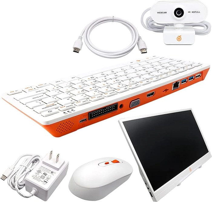 Orange Pi 800 Kit (Orange Pi 800 4GB RAM 64 GB EMMC+5V4A Type-C Power Supply +Wireless Mouse +HDMI Cable +HD Camera+14 Inch Monitor, Portable Mini PC Gaming Keyboard Kit)