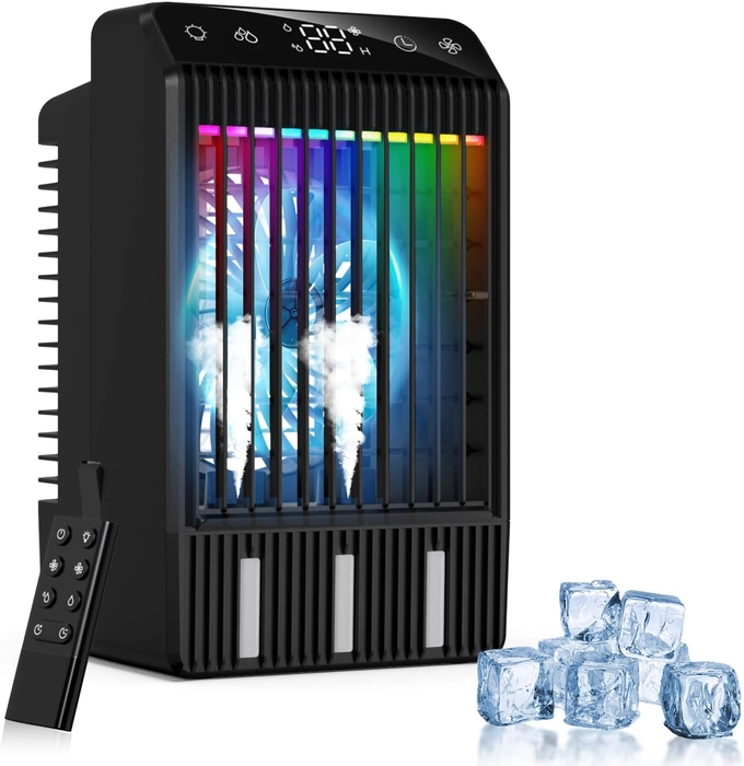 Climatiseur Mobile avec Ecran, 1000 ml Refroidisseur D'air, 4-EN-1 Ventilateur Humidificateur Mini Clim avec Double Pulvérisation et Lumière, 4 Vitesses de Synchronisation Climatiseurs Portables