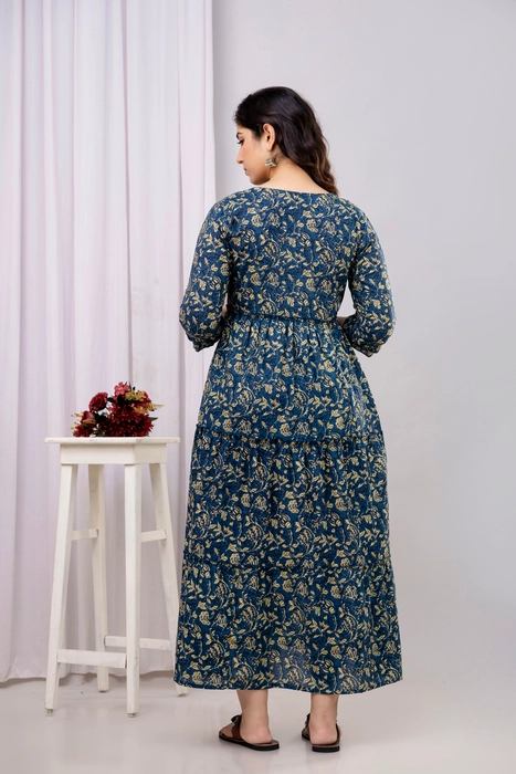 Henal Cotton Navy Blue Leaf Print Maternity Dress – Comfortable Maxi for Pregnancy & Nursing