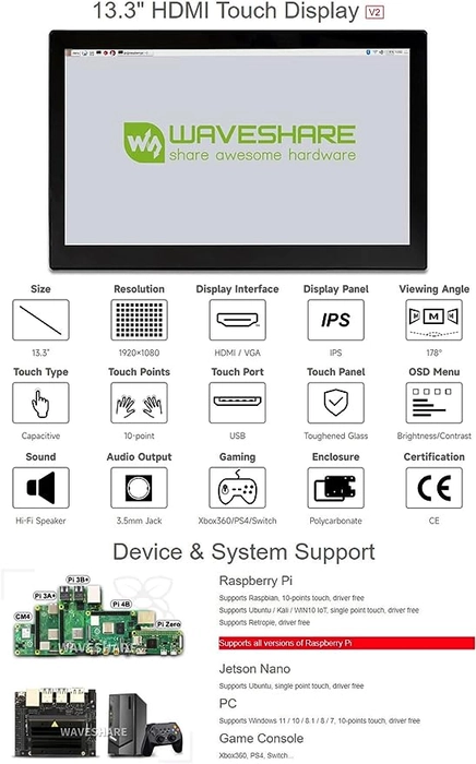 13.3inch Capacitive Touch Screen LCD, 1920×1080, HDMI, IPS, Various Systems Support