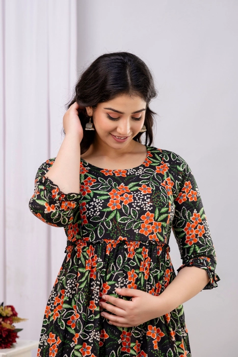 Henal Dark Green Floral Maternity Dress – Pure Cotton Comfort for Moms-to-Be