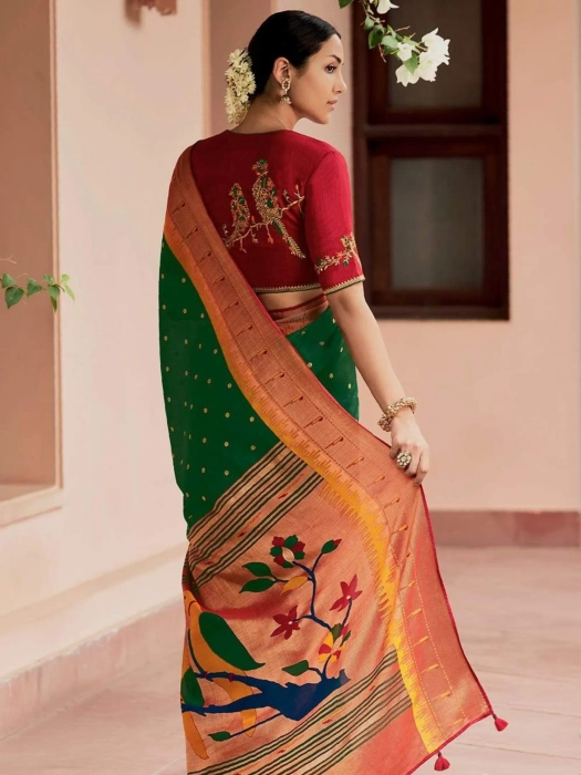 Charming Dark Green and golden zari Designed Silk Beautiful GREEN Paithani  Saree