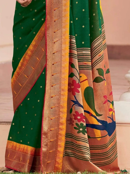 Buy OM Fashion Woven Paithani Pure Silk Dark Green Sarees Online @ Best  Price In India | Flipkart.com
