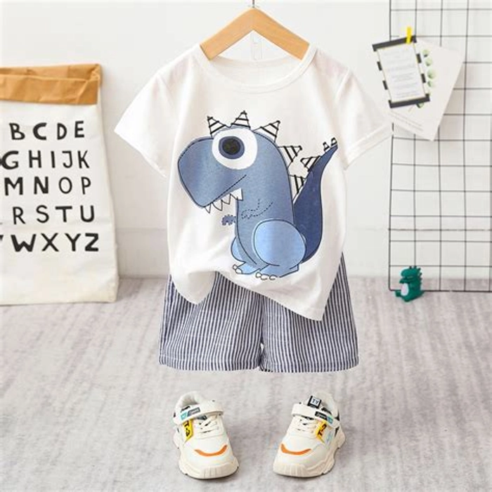 2pcs Baby Boy Cartoon Dinosaur and Letter Print Short-sleeve T-shirt and Ripped Shorts Set