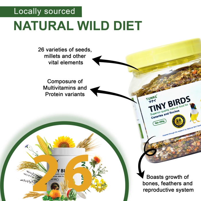 Tunai Natural + 26 Varieties of Native Millets, Seeds and Mineral Foods for Birds (Tiny Birds - Canaries and Finches, 450g)