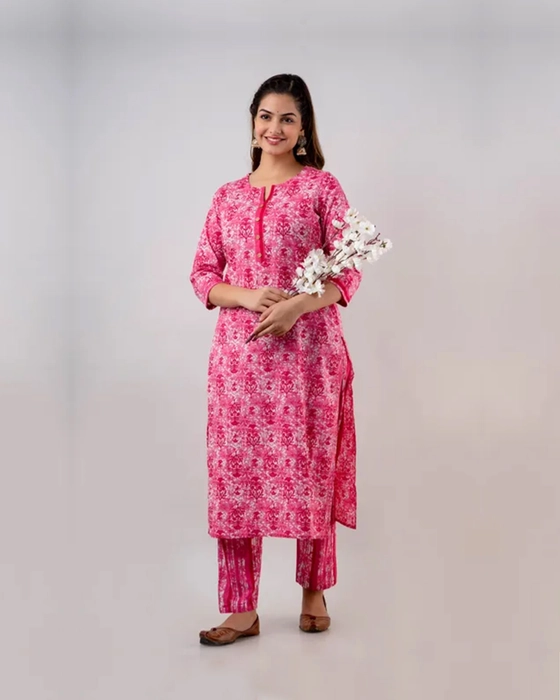 Pink Flower Kurta Pant Set for Women - Ethnic Wear