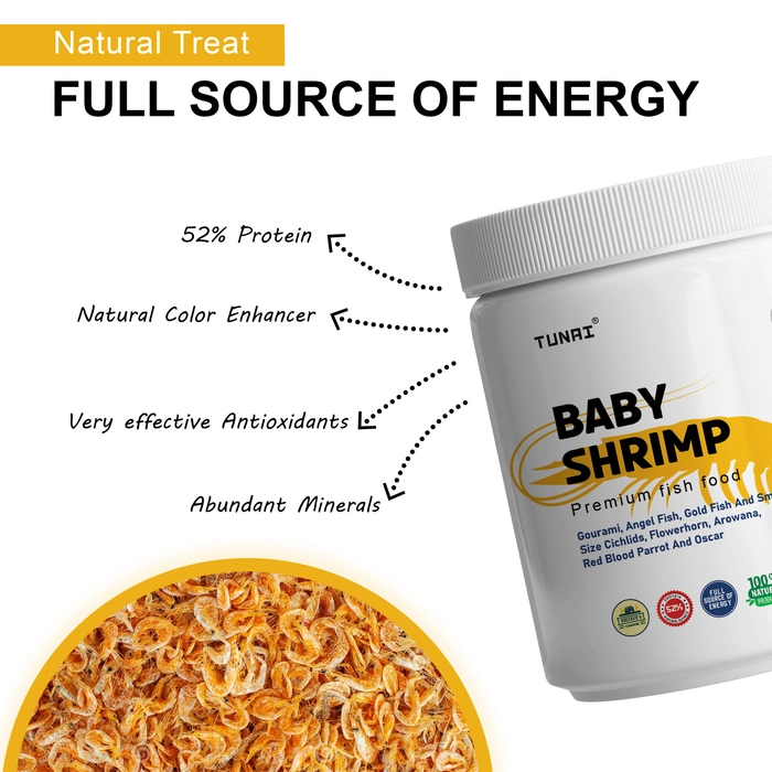 Tunai Chemmeen Pink Baby Whole Sun Dried premium Shrimp Fish Food Fortified With Full Source Of 52% Protein From Head To Tail, Essential For Natural Color Enhancement, Healthy Scales And Best Supp